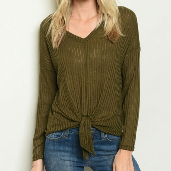Tops - Olive Ribbed Tie Front Long Sleeved Tie Front To